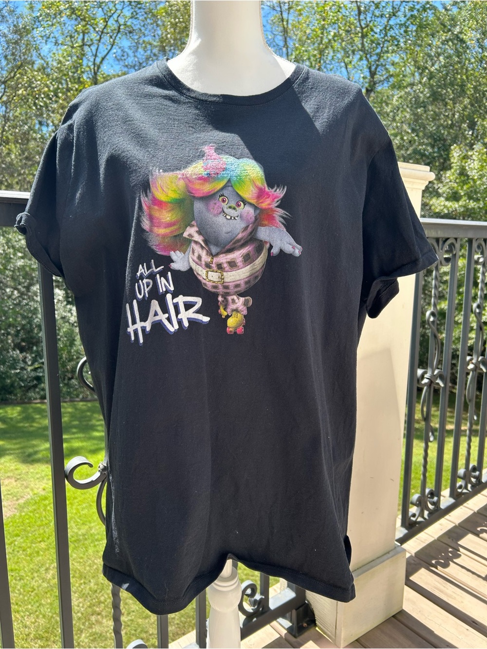 Adult Black Trolls Graphic Tee with Colorful Hair Character 3XL